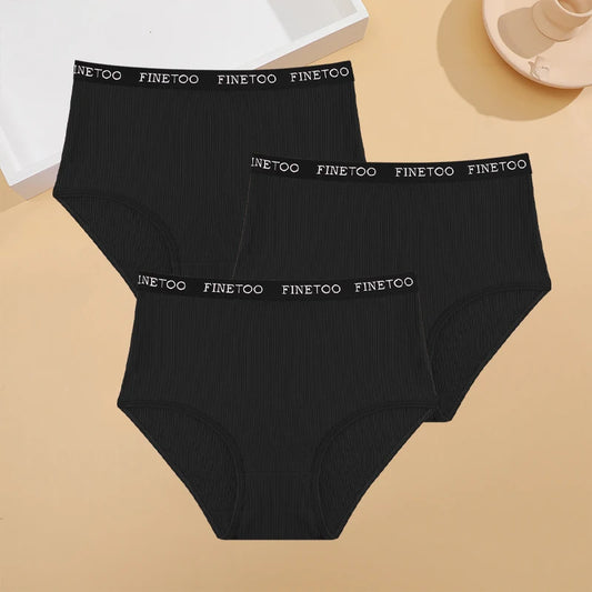 3 Piece Plus Size Cotton Underwear Set Striped Mid Waist Panties Breathable Stretch Briefs For Women Comfort Lingerie