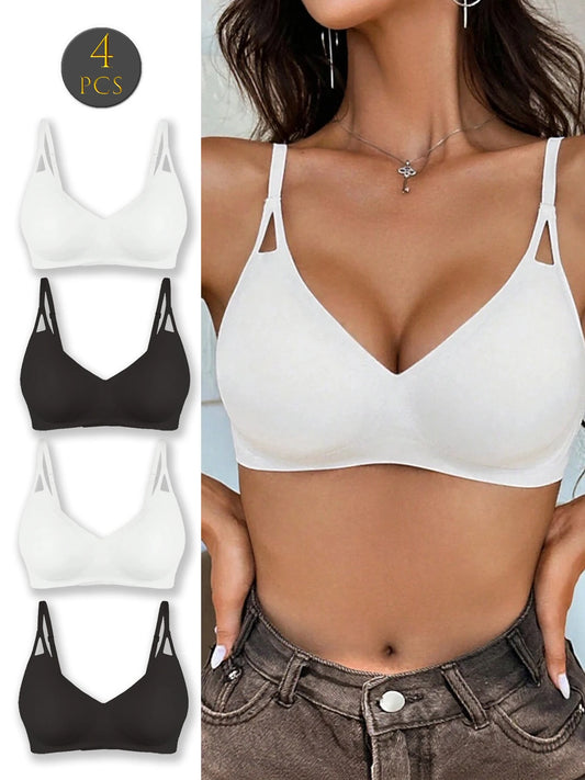 4 Pack Womens Seamless V Neck Unpadded Sports Bras Everyday Basic T Shirt Bra For Cup A B C D