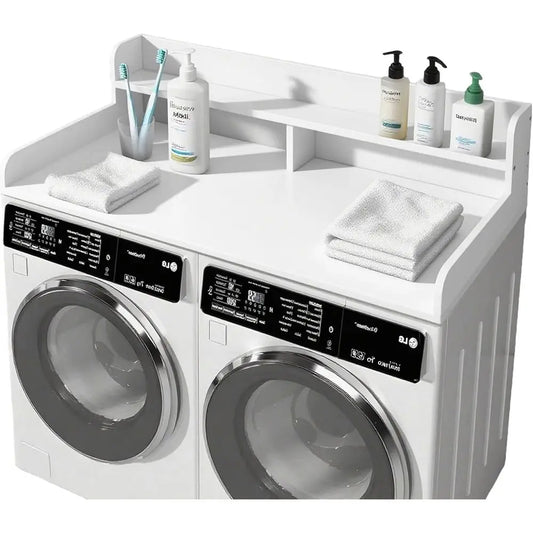 2-Tier Washer Dryer Countertop Wood Laundry Table With Edge Rails