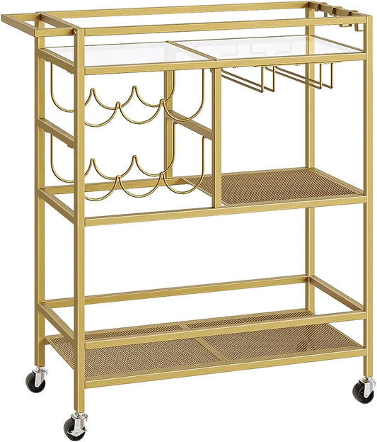 3-Tier Rolling Bar Cart With Wine Rack And Glass Holders